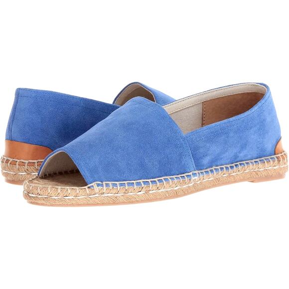 Patricia Green Ashley Peep Toe Blue Suede Espadrille Flats Leather Heel Sz 5.5 - Picture 1 of 12